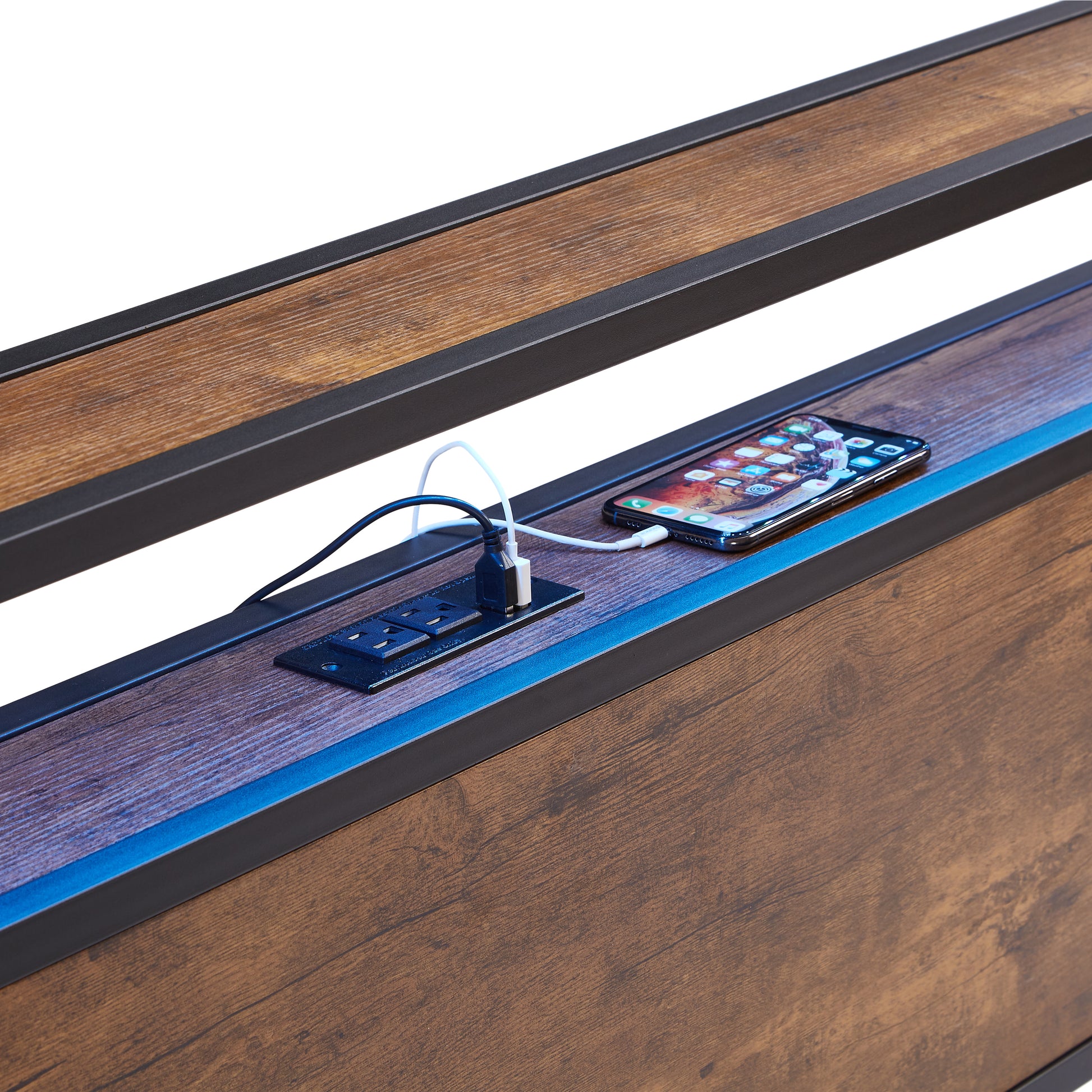 Rustic woodgrain shelf with integrated power strip and charging ports for convenient device charging