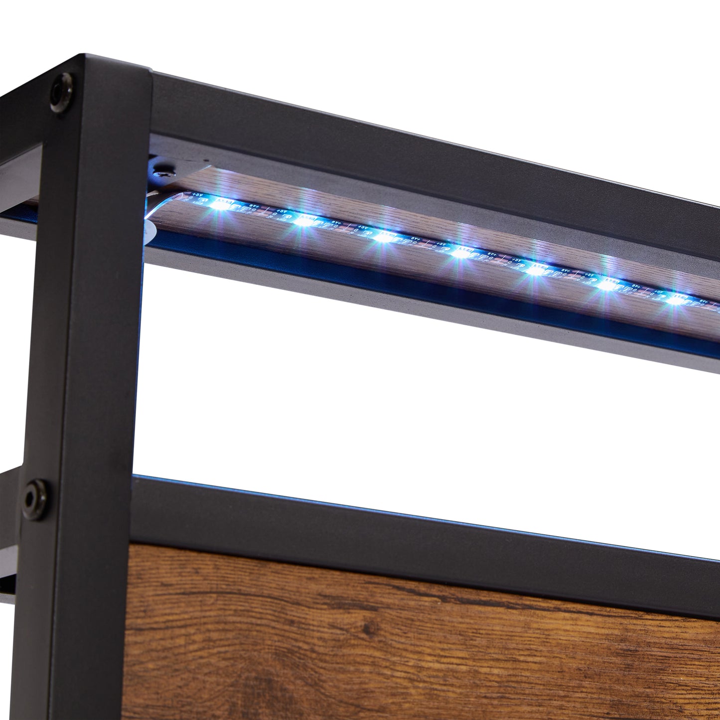 Industrial bookshelf frame with integrated blue LED lighting and faux wood panel