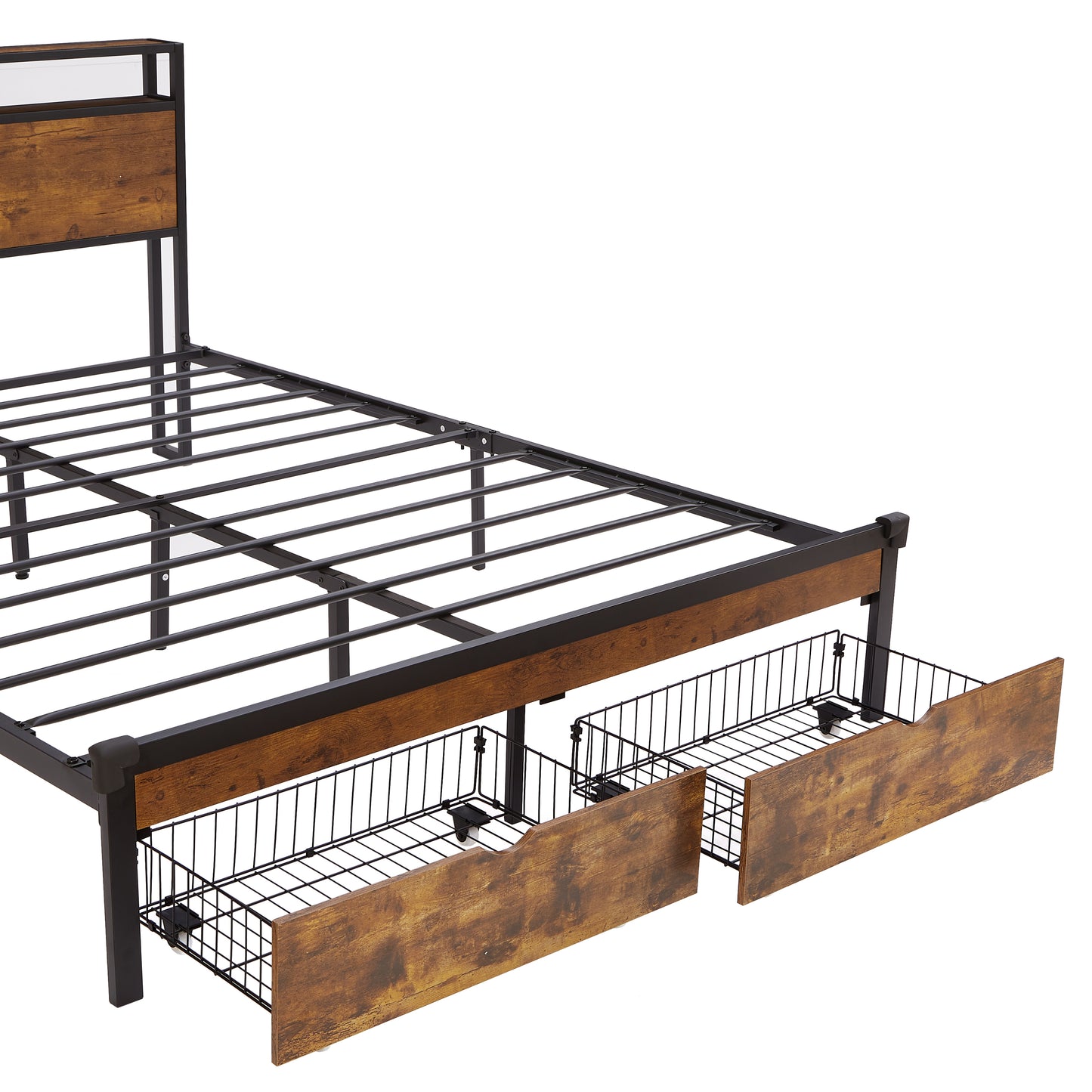 Industrial style metal bed frame with rustic wood headboard and storage drawers