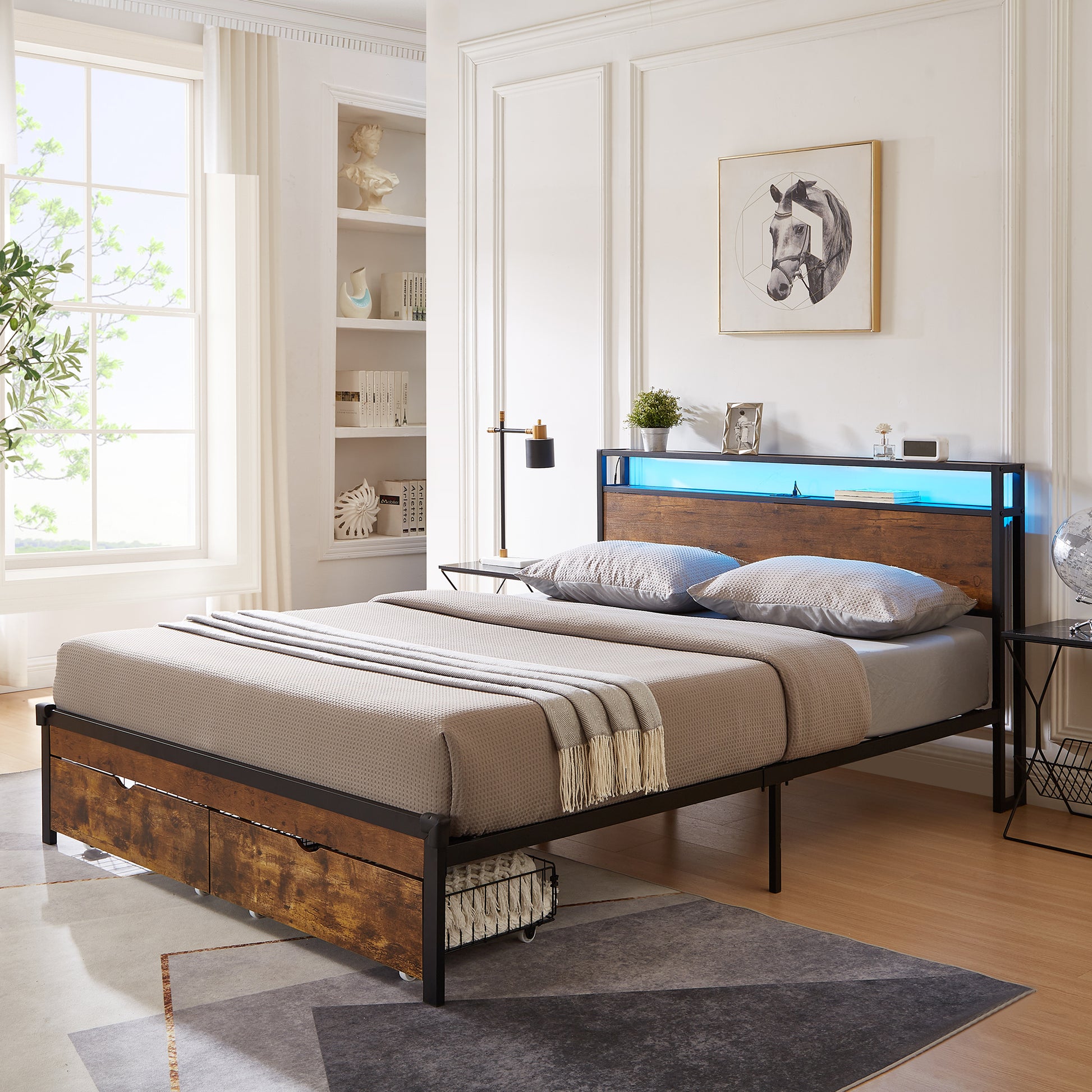 Industrial queen bed frame with weathered wood headboard and blue LED lighting