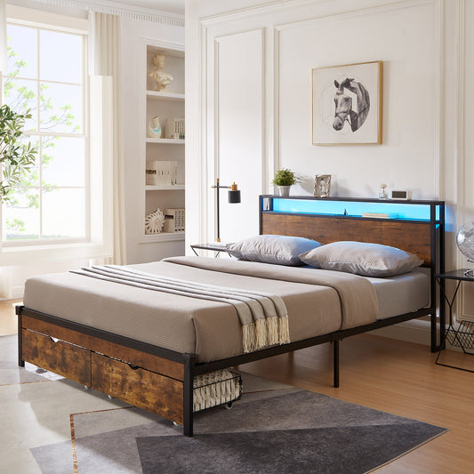 Industrial queen bed frame with weathered wood headboard and blue LED lighting