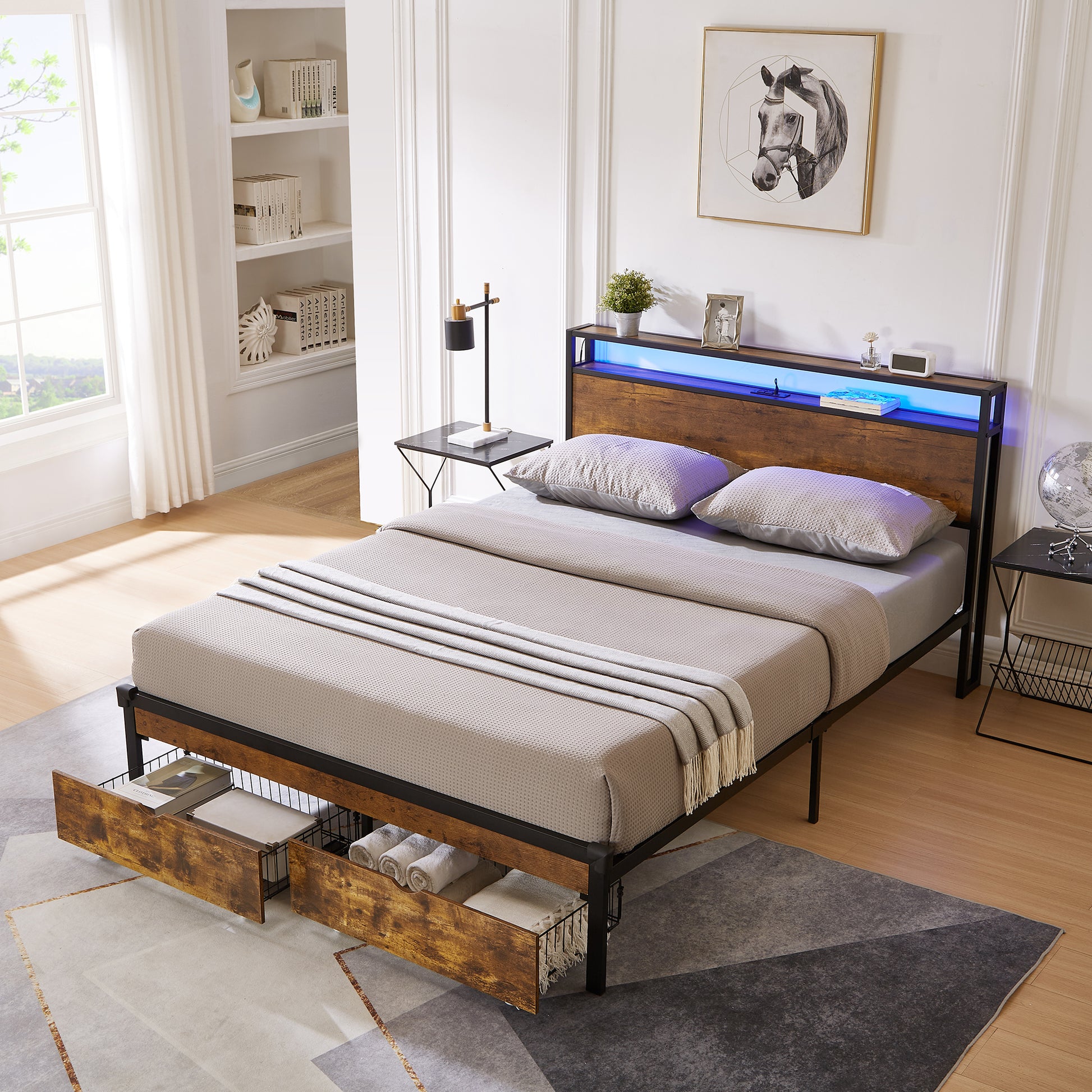 Rustic wood and metal queen bed frame with builtin storage drawers and blue LED headboard light