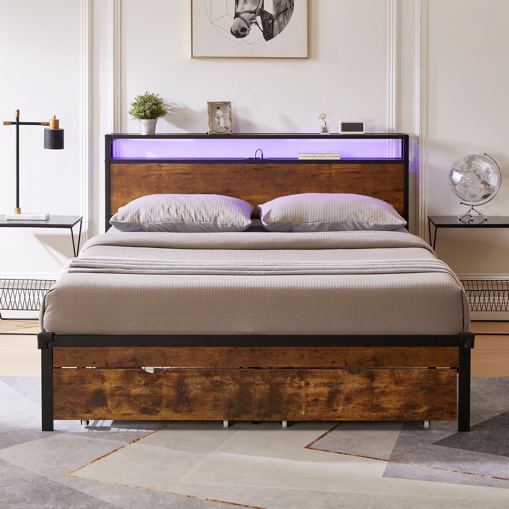 Rustic brown wooden bed frame with integrated LED headboard lighting and storage drawers