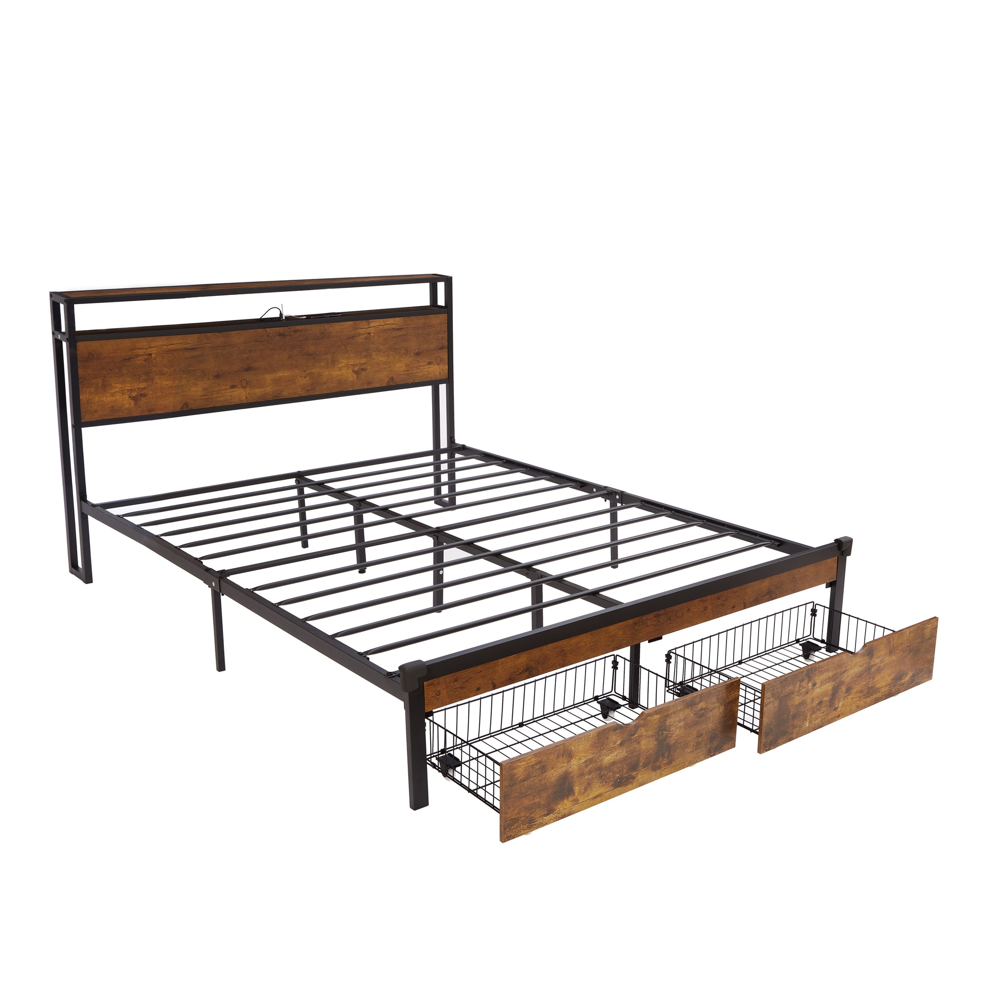 Industrial metal bed frame with rustic wood headboard and two storage drawers