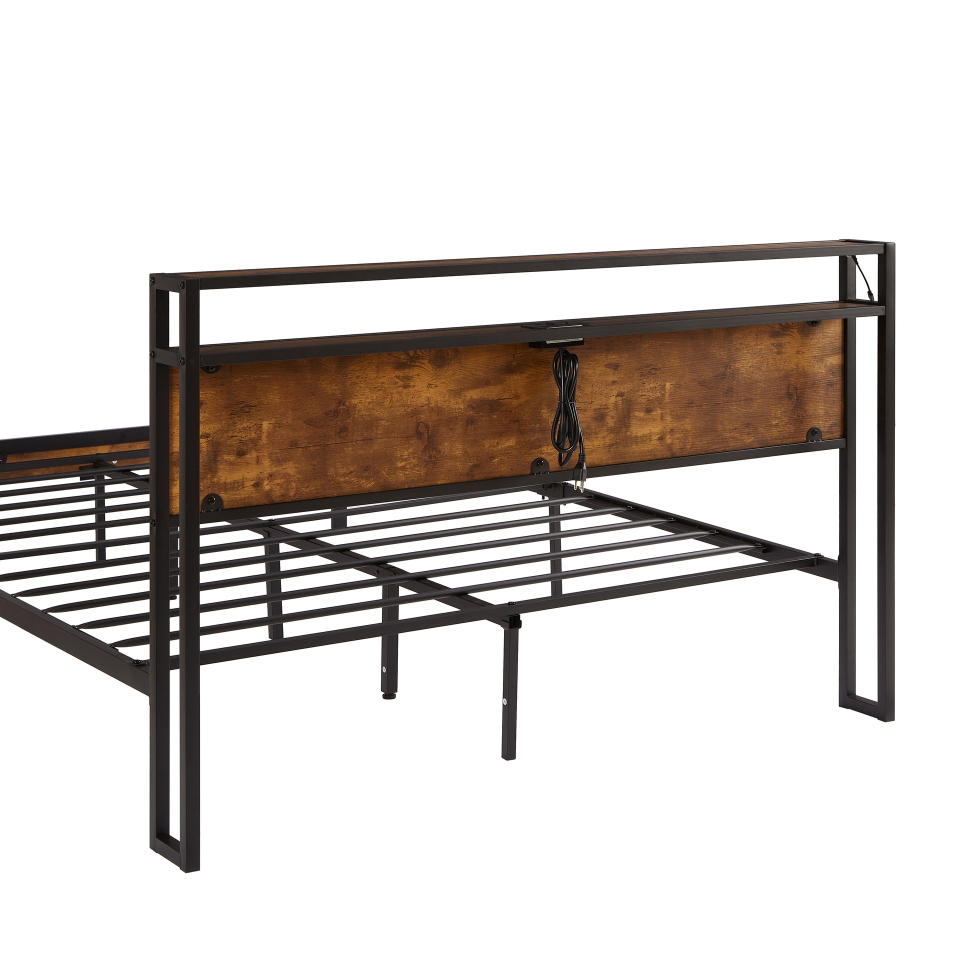 Industrial style metal bed frame with wood headboard and integrated power outlet