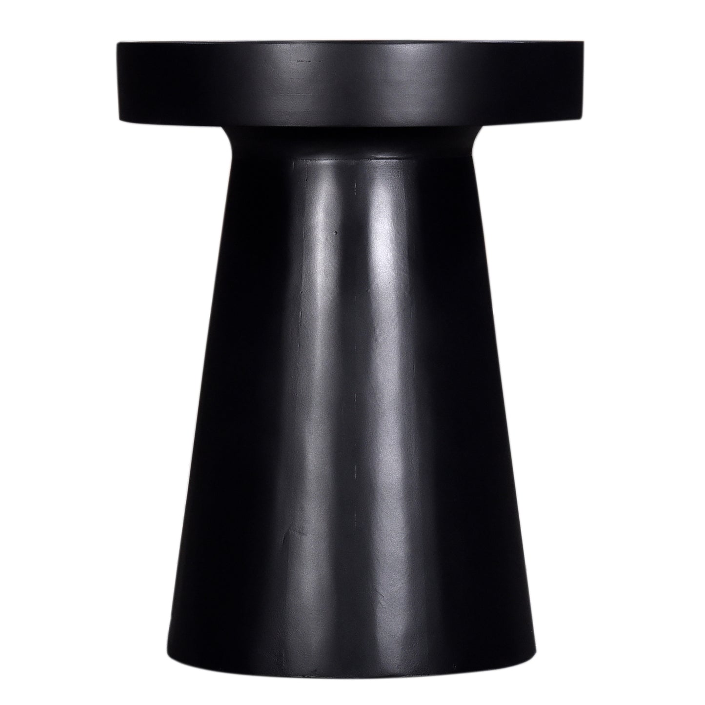 Black modern drum accent table with a matte finish