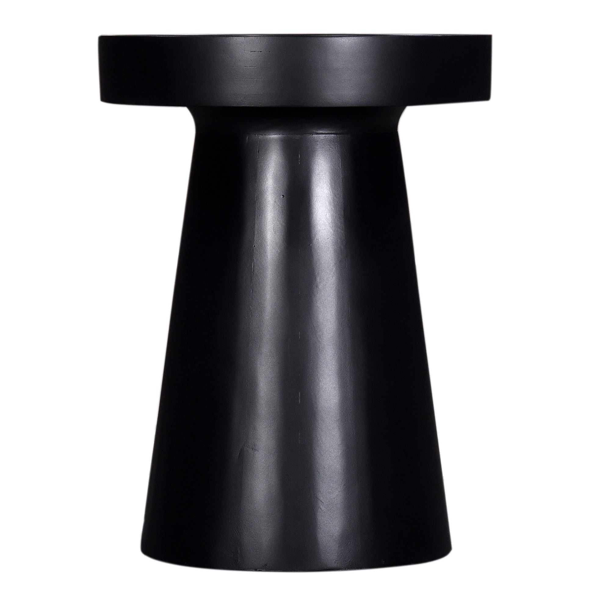Black modern drum accent table with a matte finish