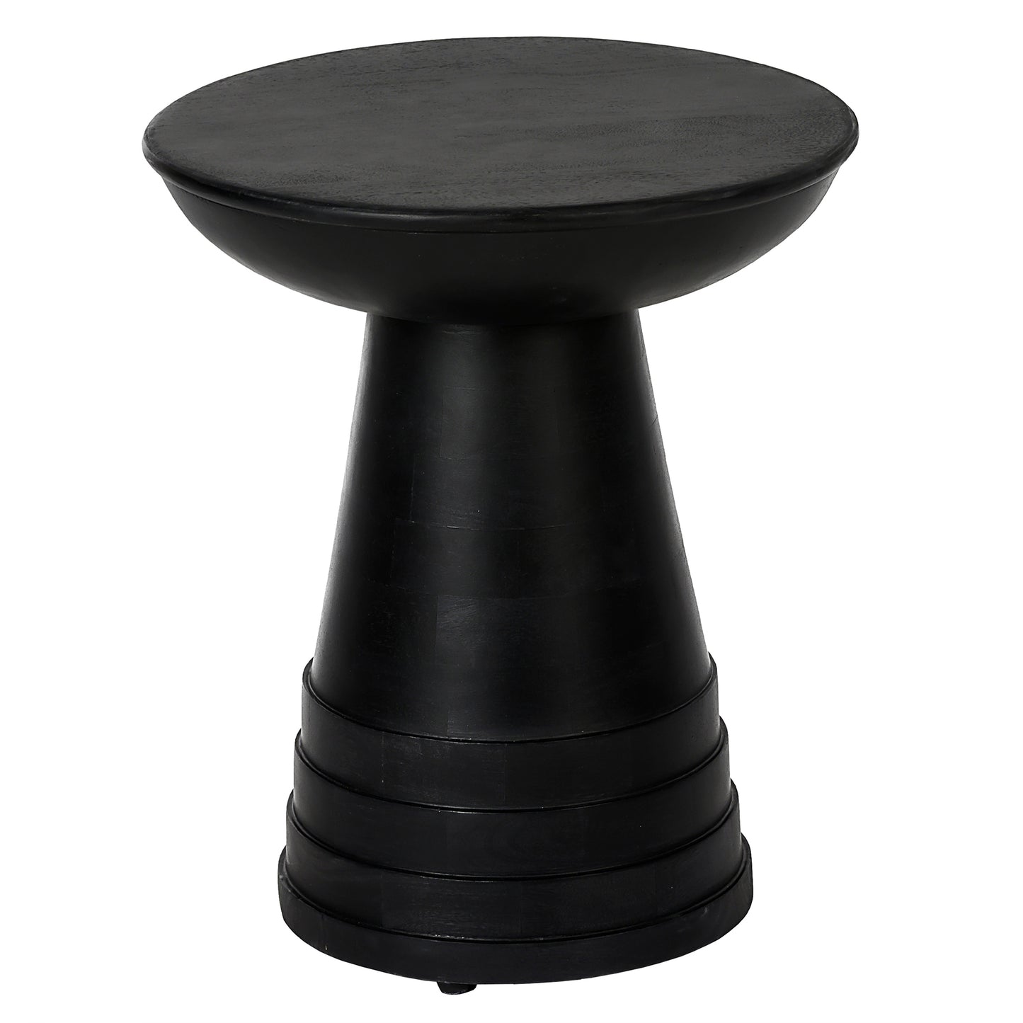 Black contemporary accent stool with carved stacked base and round top