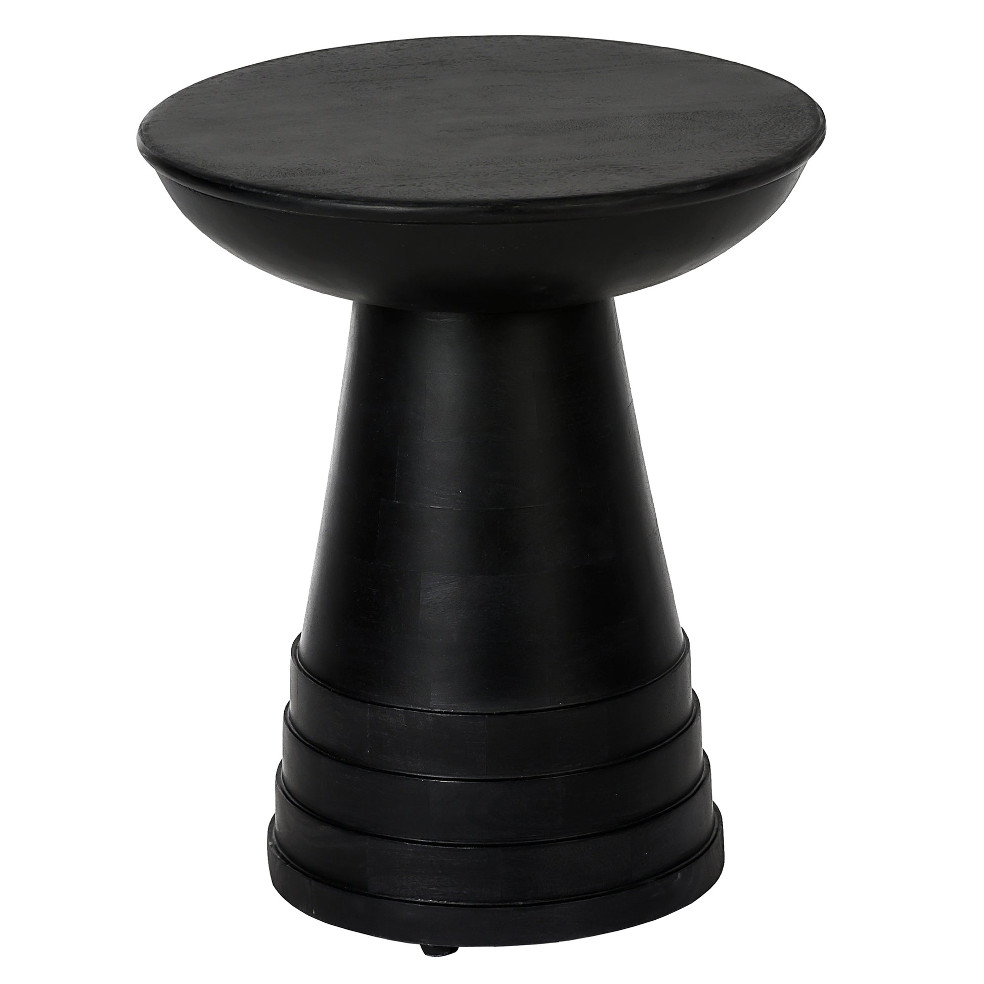 Black contemporary accent stool with carved stacked base and round top