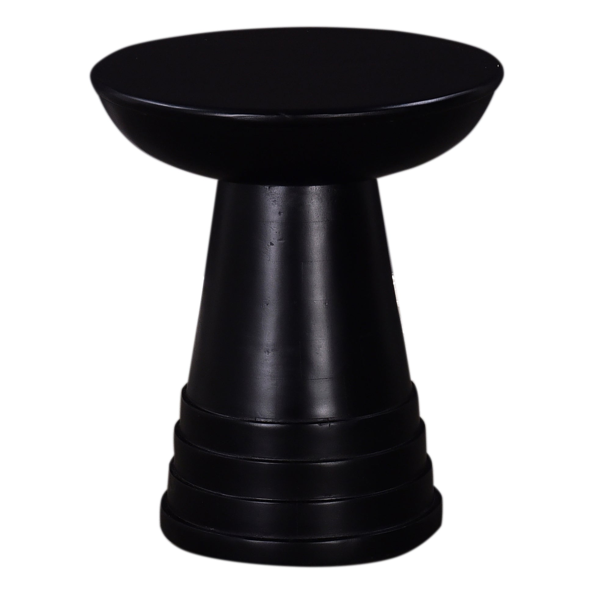 Black wooden accent stool with tiered base and round top