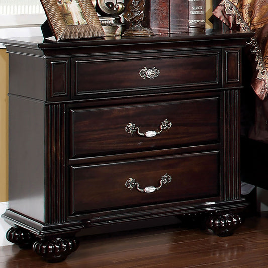 Dark brown traditional nightstand with three drawers and ornate silver pulls