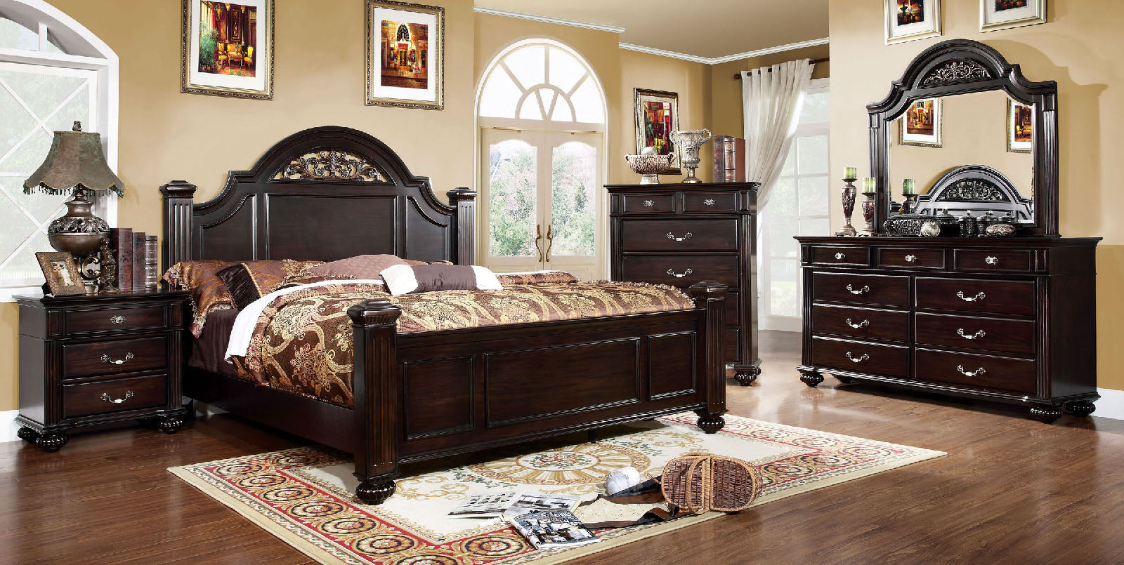 Dark mahogany sleigh bed frame with ornate headboard and patterned bedding
