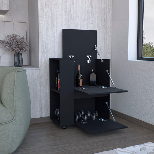 Modern black bar cabinet with lifttop and flipdown serving area