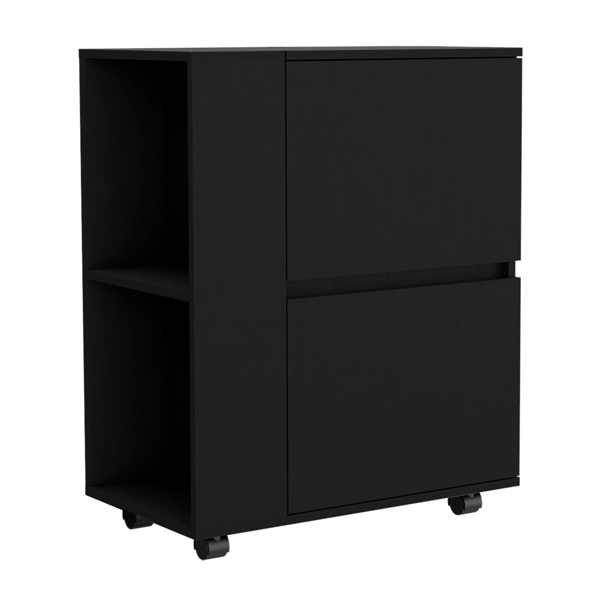 Black modern filing cabinet with two drawers and open shelving