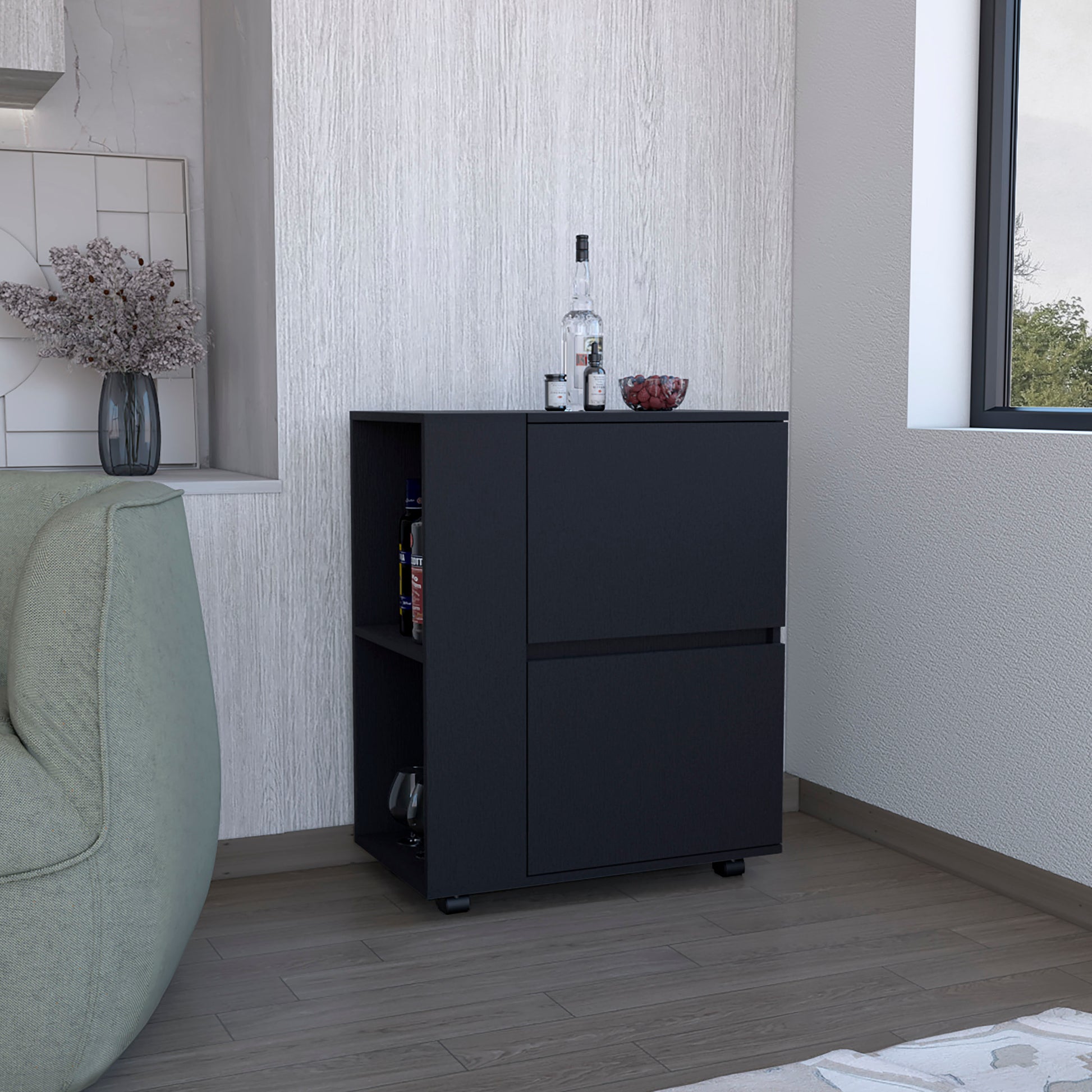 Modern black bar cabinet with hidden storage and open shelving