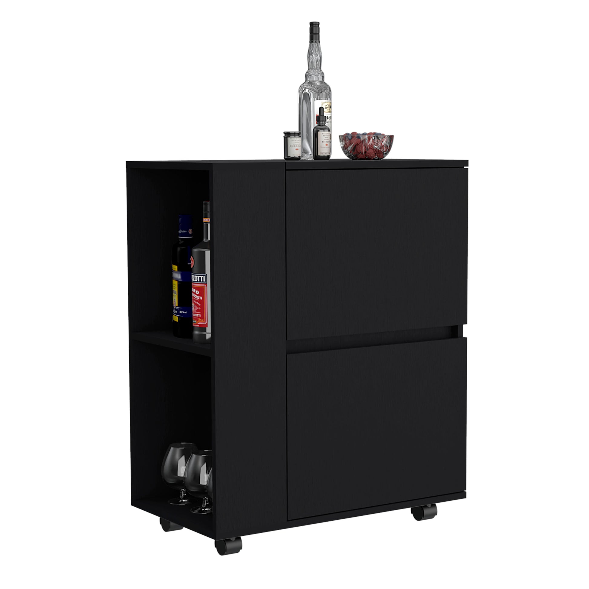 Black mobile bar cart with bottles and glasses