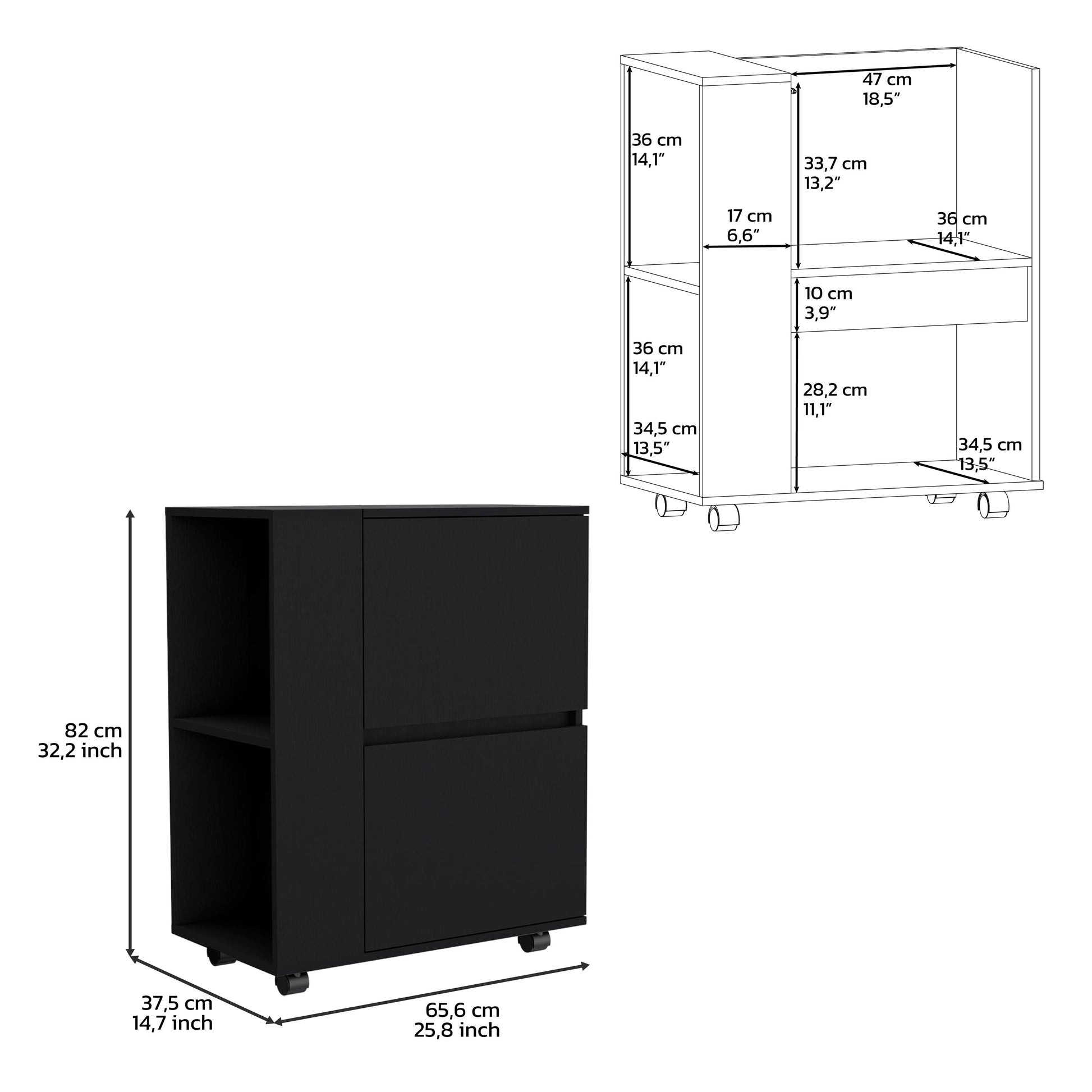 Black twodrawer mobile filing cabinet with open shelving