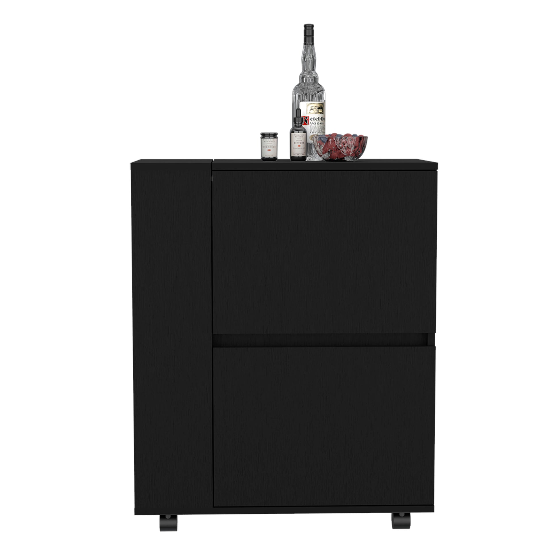 Modern black bar cabinet with minimalist design and dual drawers