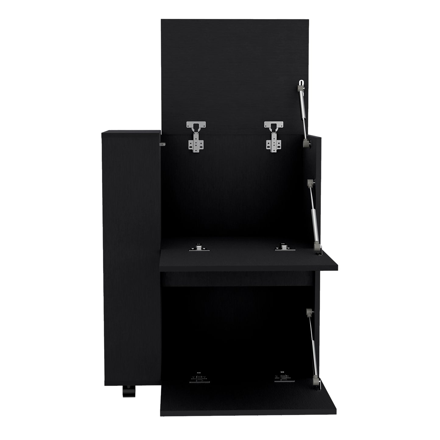 Black minimalist storage cabinet with liftup doors and gas struts