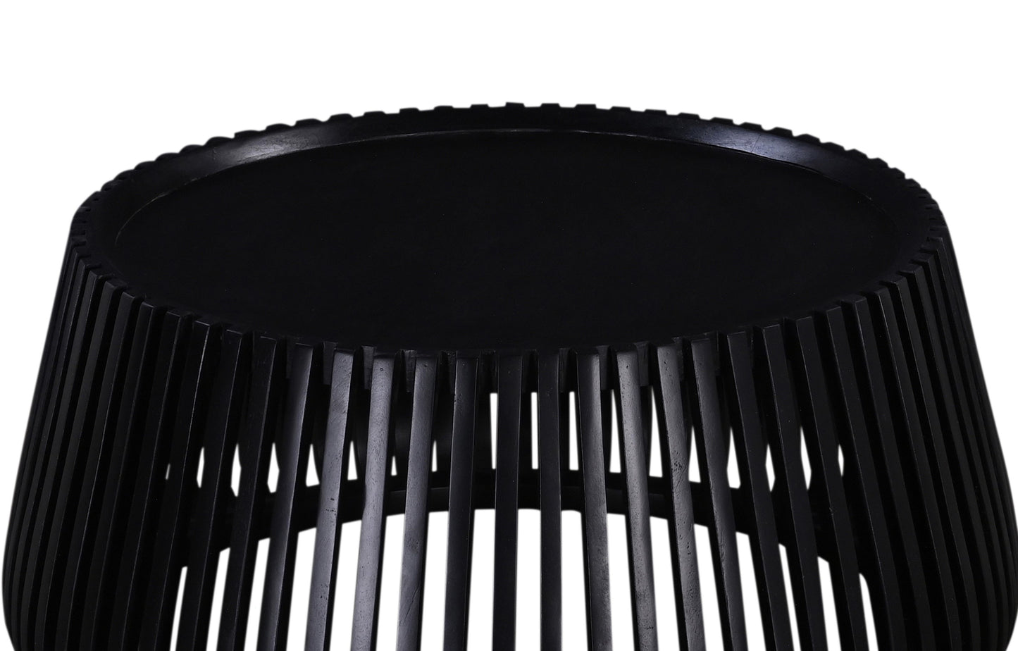 Modern black side table with vertical slatted design perfect for living rooms
