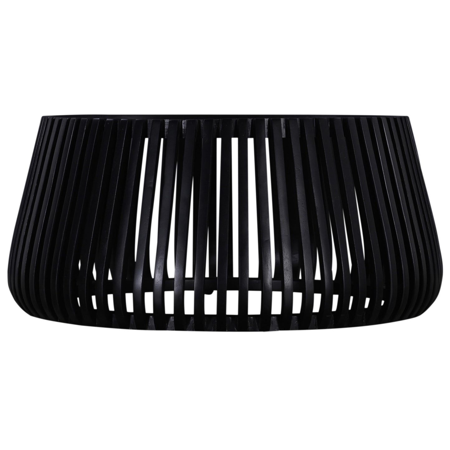 Black wooden outdoor side table with slatted design and tapered base