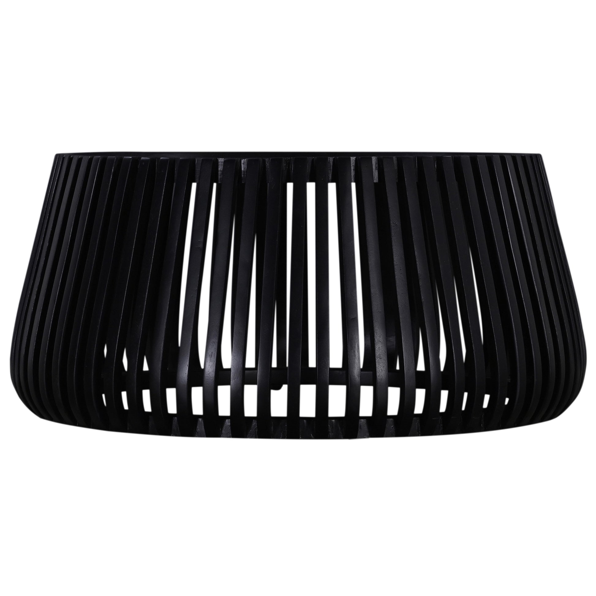 Black wooden outdoor side table with slatted design and tapered base