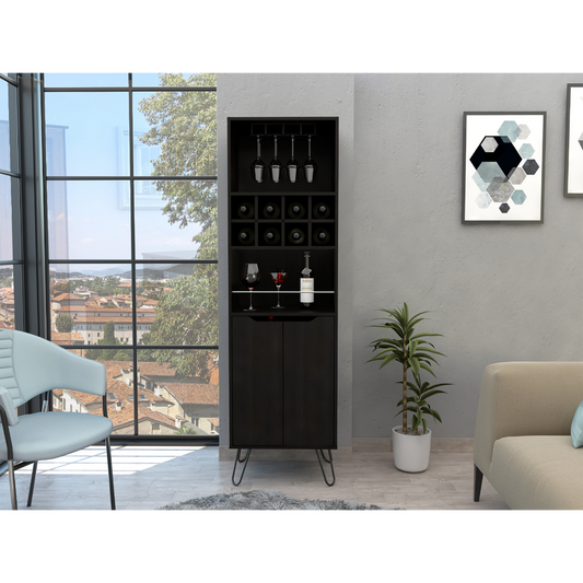 Dark wood modern wine cabinet with glass rack and bottle storage