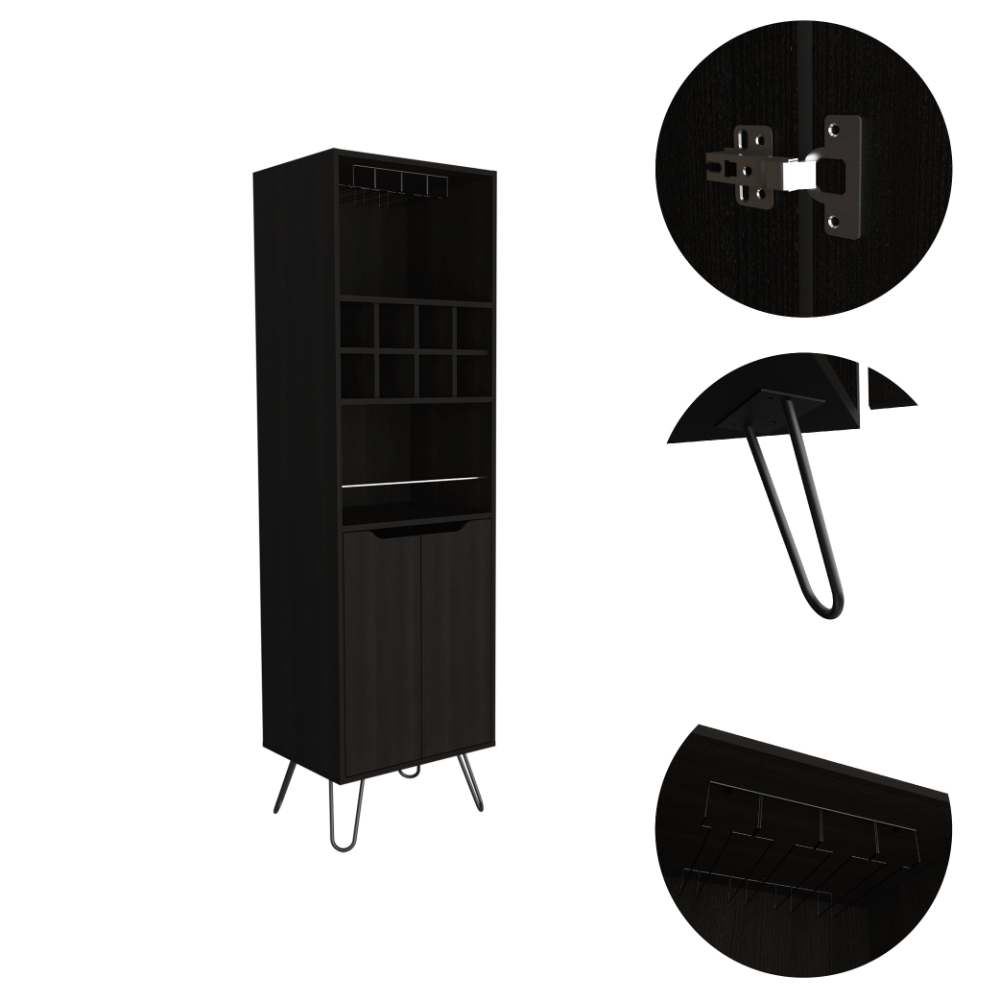 Black tall wine cabinet with bottle cubbies and glass rack