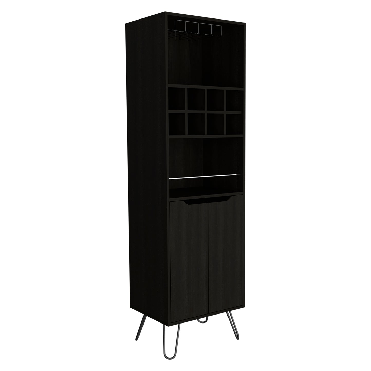 Tall black wood bar cabinet with wine glass rack and  bottle compartments