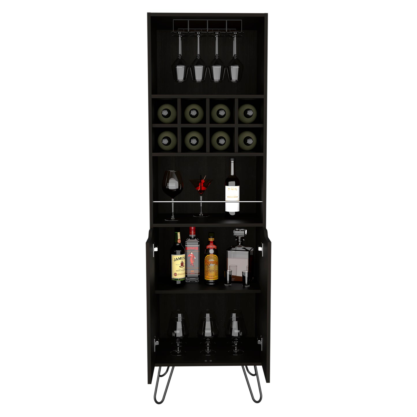 Tall black bar cabinet with wine rack glass holders and liquor bottles displayed