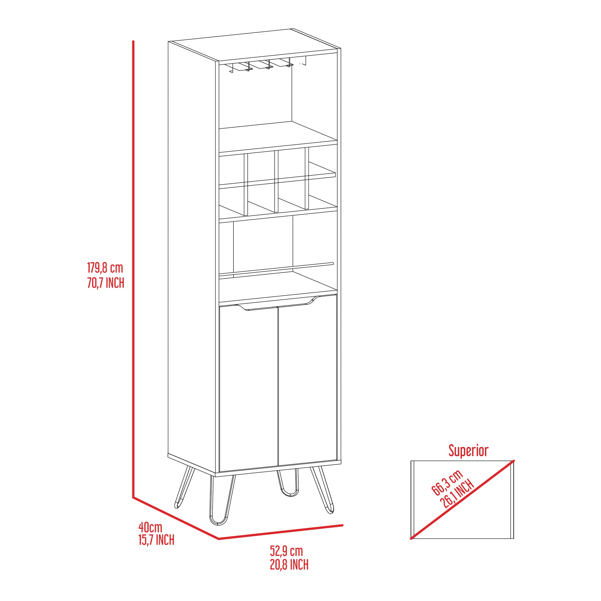 Tall bar cabinet with wine glass rack open shelves and dual doors on hairpin legs