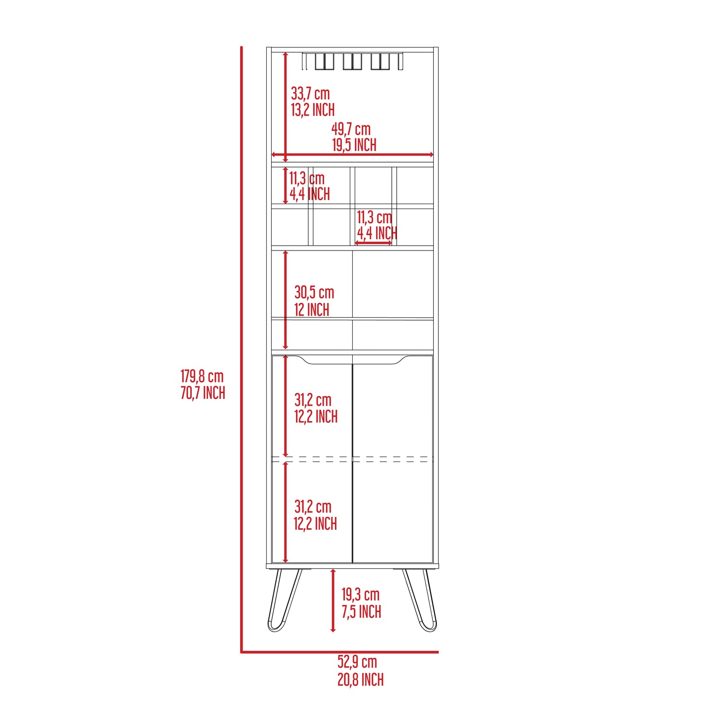 Tall white storage cabinet with multiple shelves two lower cabinets and hairpin legs