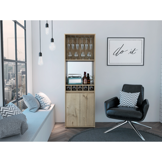 Modern oak wood bar cabinet with glass racks and wine storage perfect for entertaining