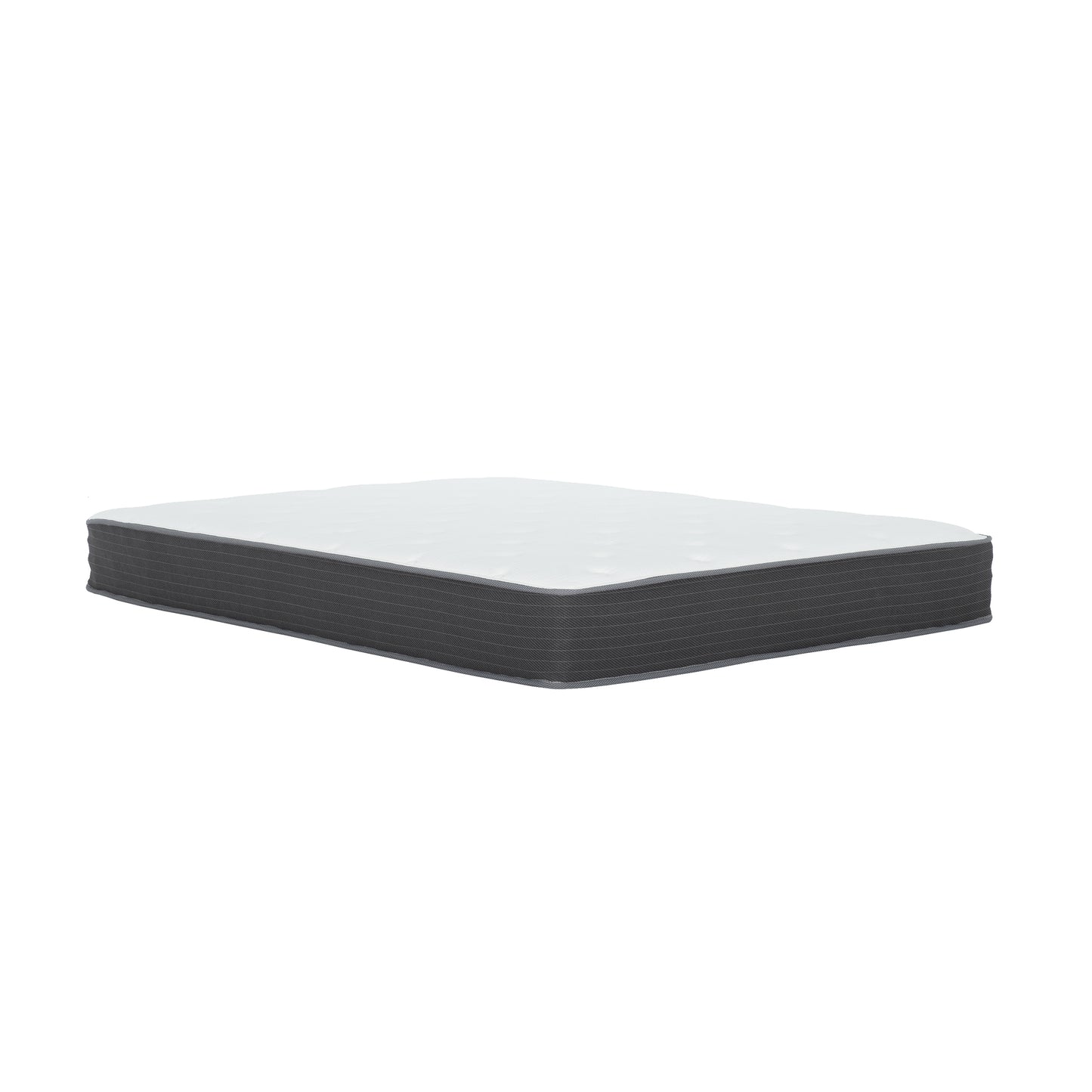 White quilted top mattress with dark grey striped sides