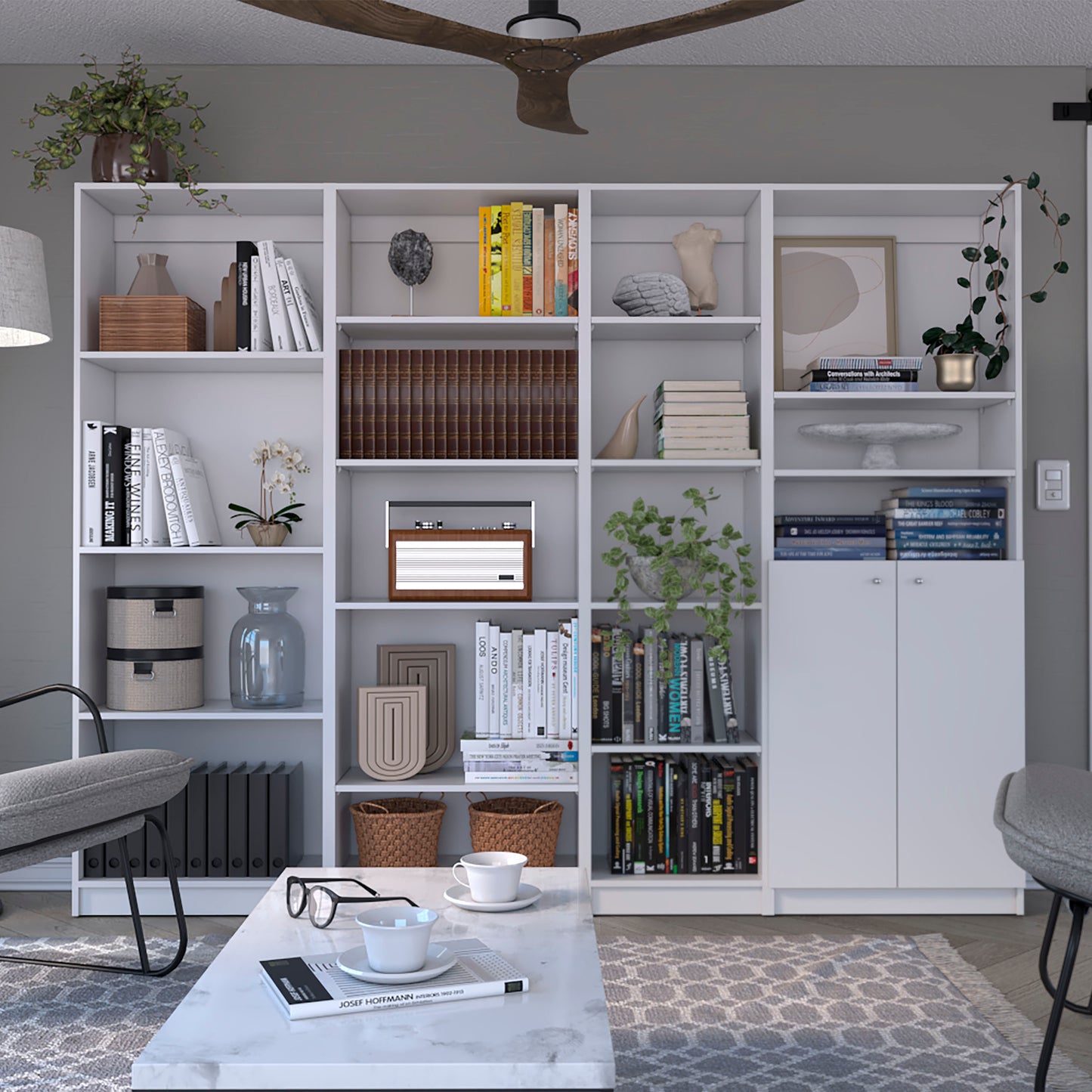 Modern white bookshelf with diverse book arrangement and decor