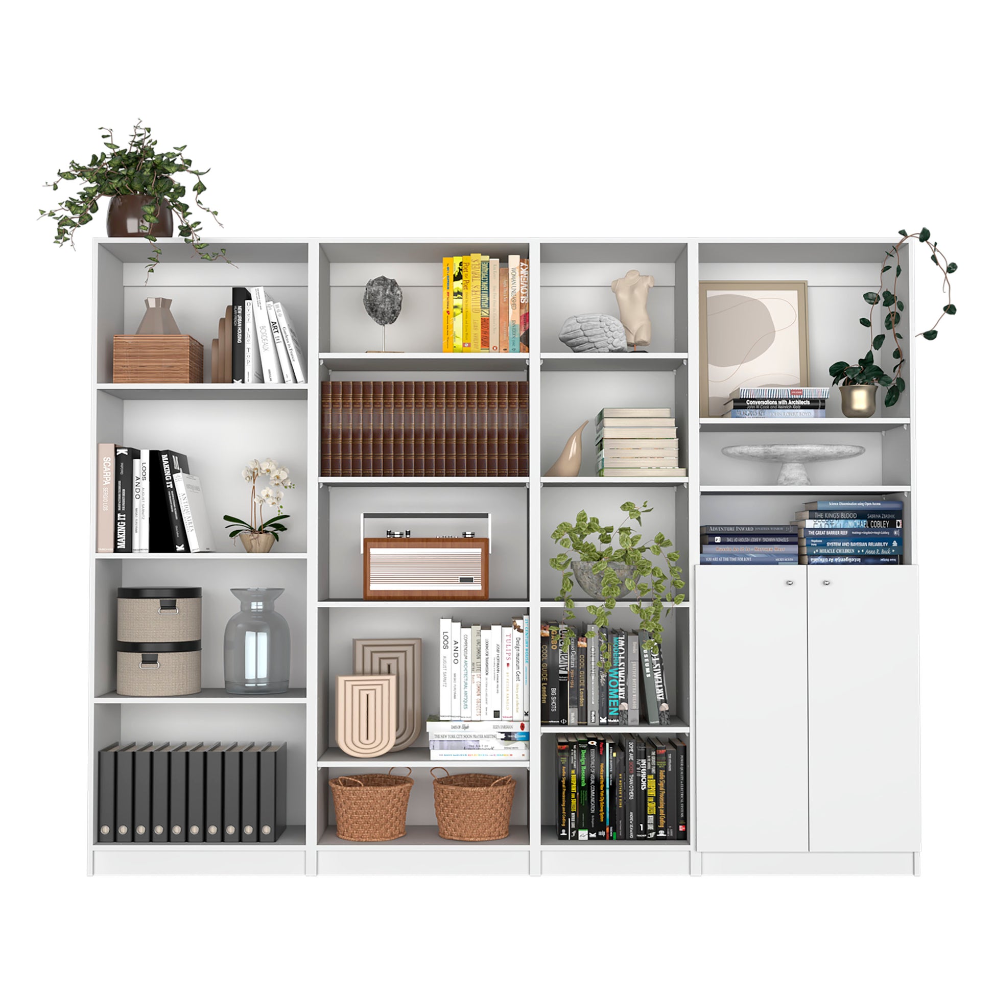 Bookshelf with various decorative items and books including a modern white bookshelf