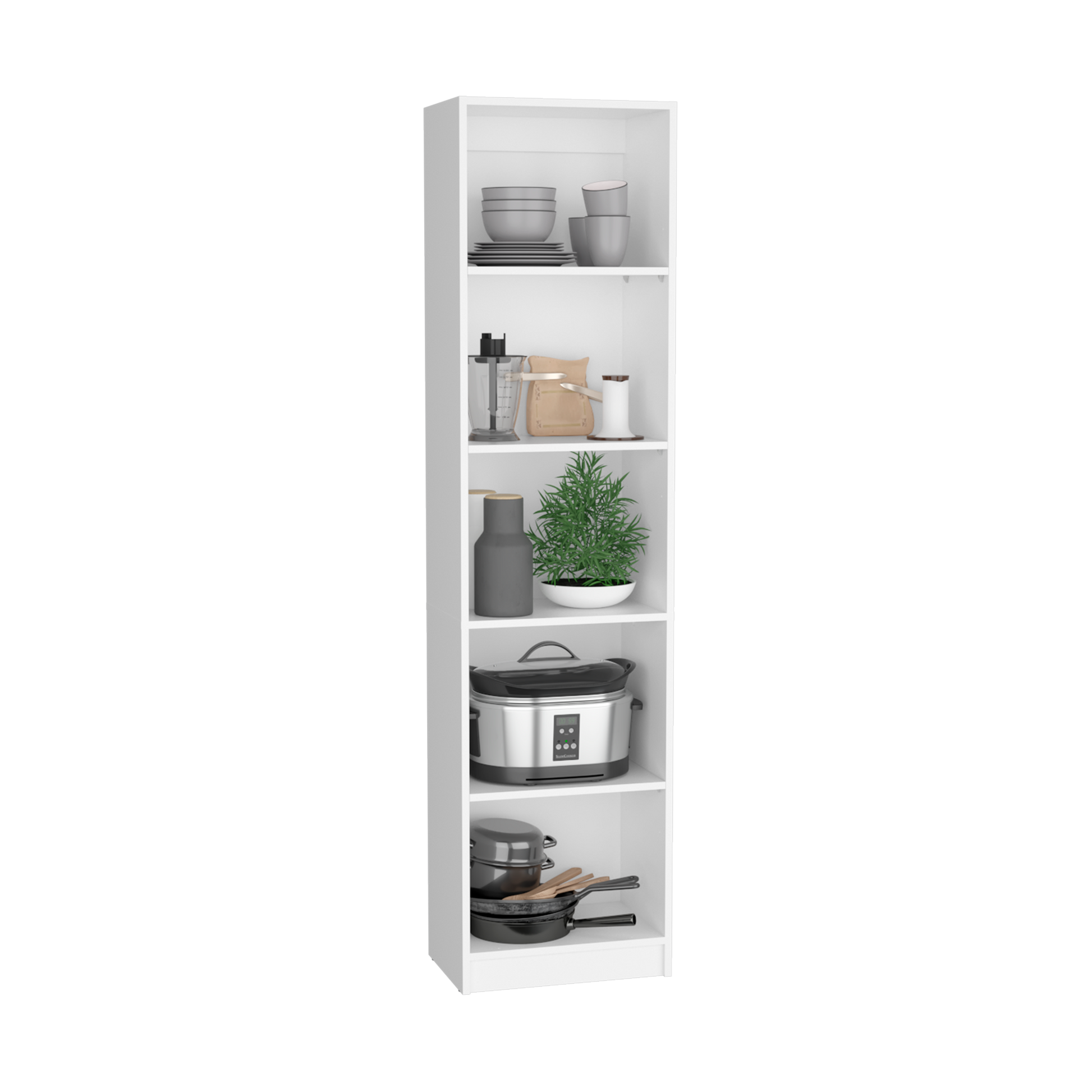 Grey stoneware bowls and cups neatly stacked on a white kitchen shelf