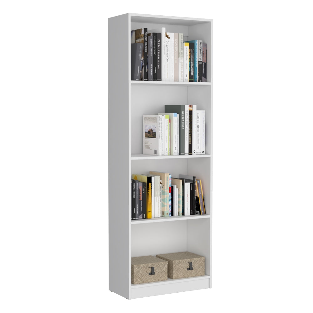 White fiveshelf bookcase filled with a variety of books and two woven storage baskets