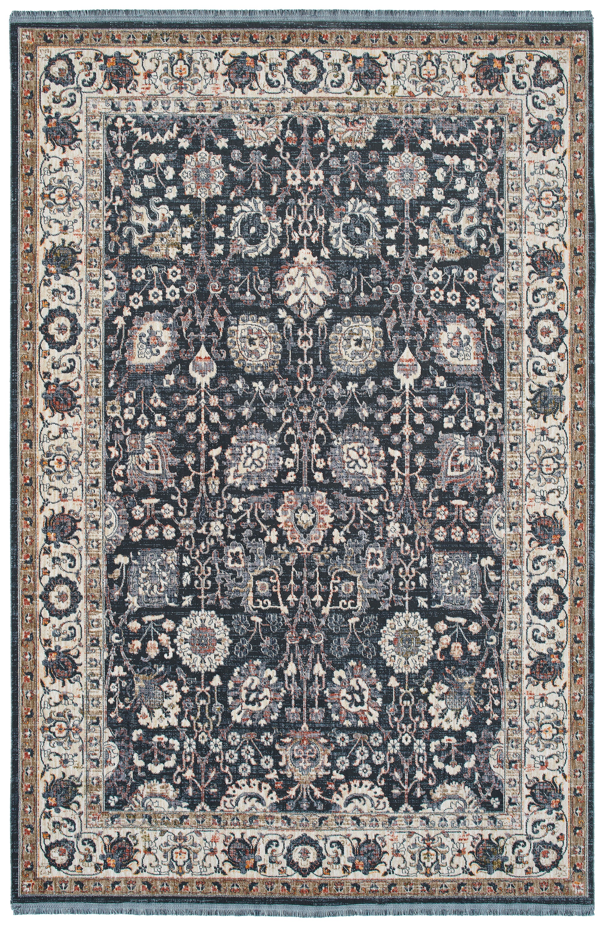 Dark navy Persian rug with intricate floral patterns and a cream and gold border