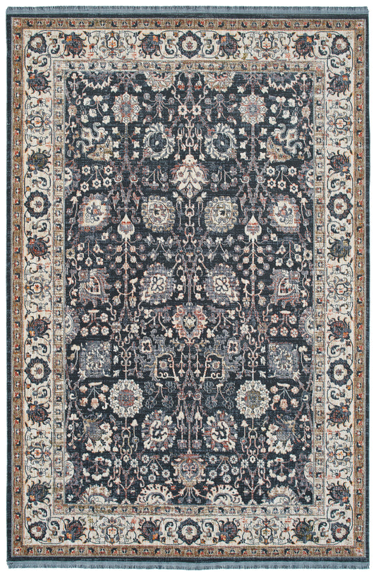 Dark navy Persian rug with intricate floral patterns and a cream and gold border