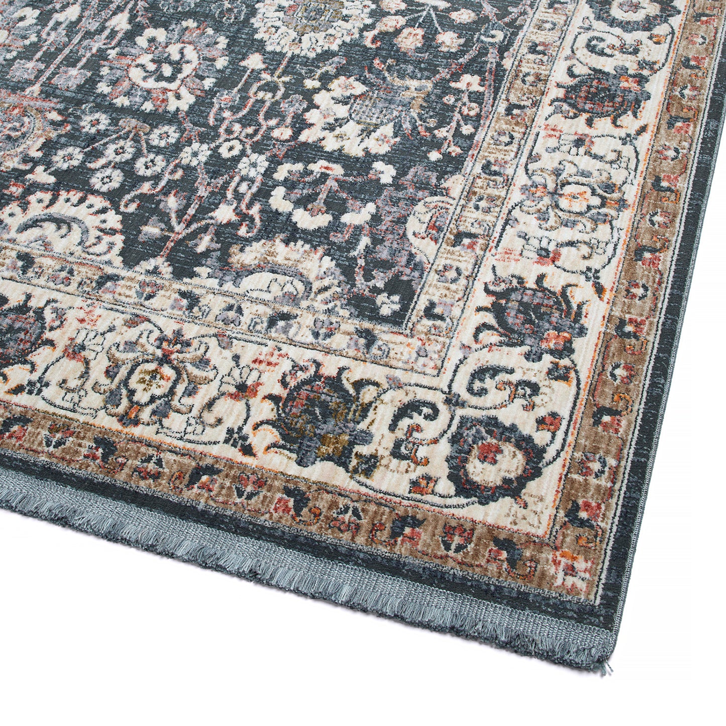Area rug with ornate Persianstyle pattern in charcoal and cream with fringe