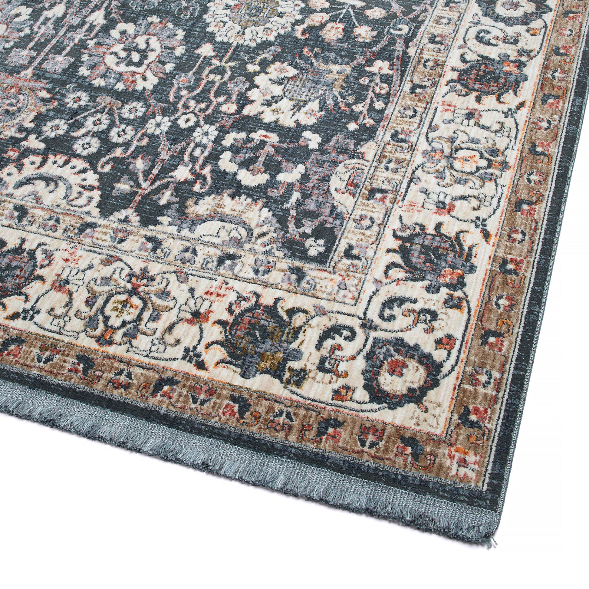Area rug with ornate Persianstyle pattern in charcoal and cream with fringe