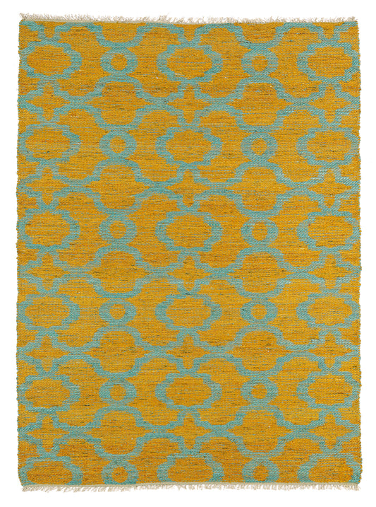 Yellow rug with a geometric blue quatrefoil pattern textured weave and fringed edges