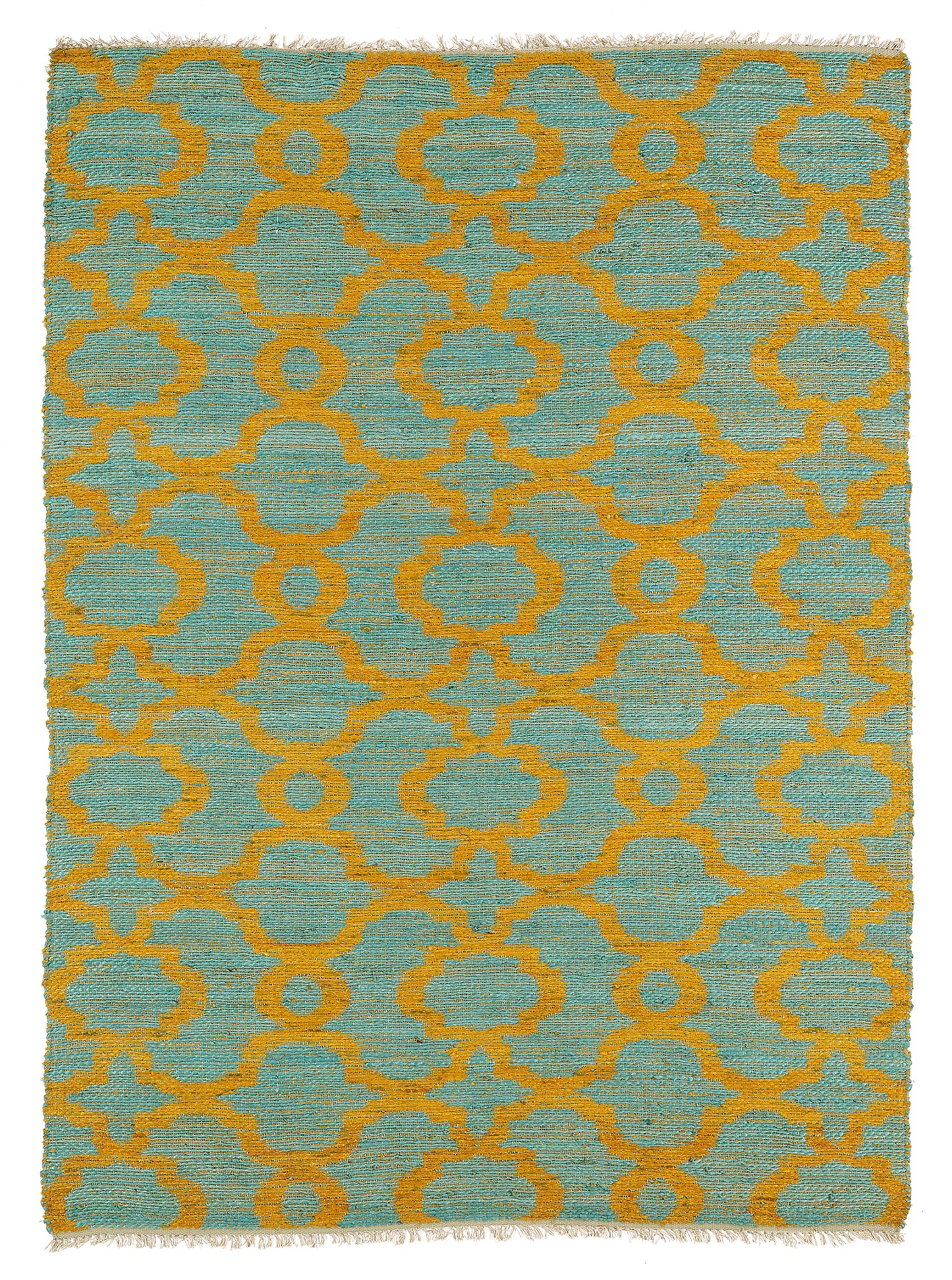 Teal and gold trellis pattern area rug with frayed edges
