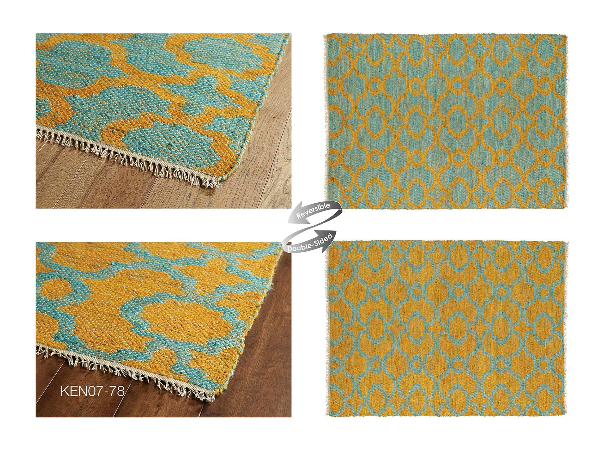 Reversible geometric rug in mustard yellow and teal jute blend living room accent