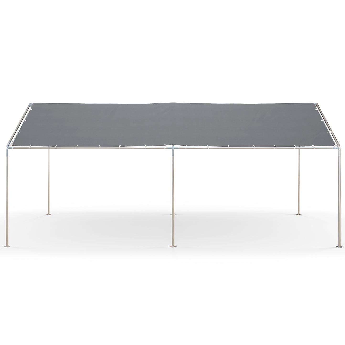 Gray canopy tent with silver metal frame ideal for outdoor events or shade