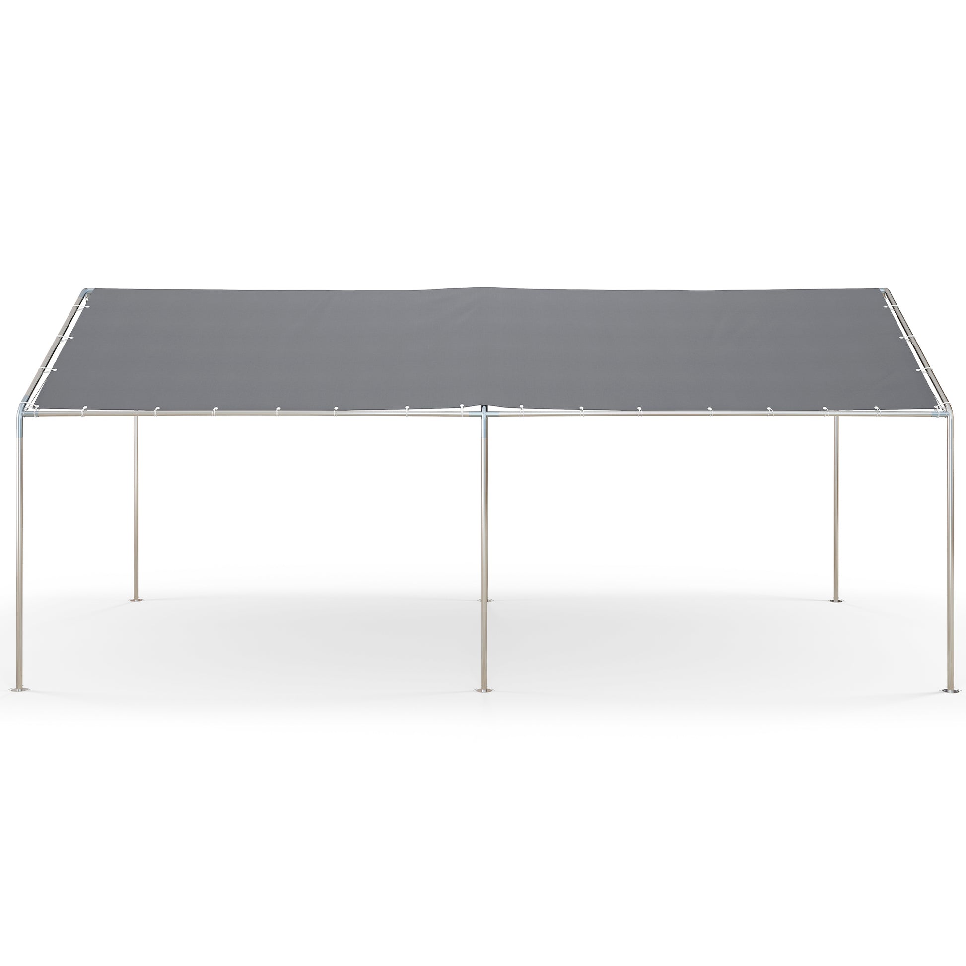 Gray canopy tent with silver metal frame ideal for outdoor events or shade