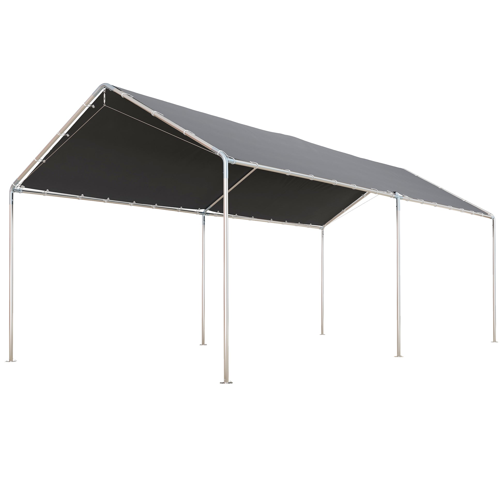 Dark grey canopy tent with silver metal frame for outdoor event protection