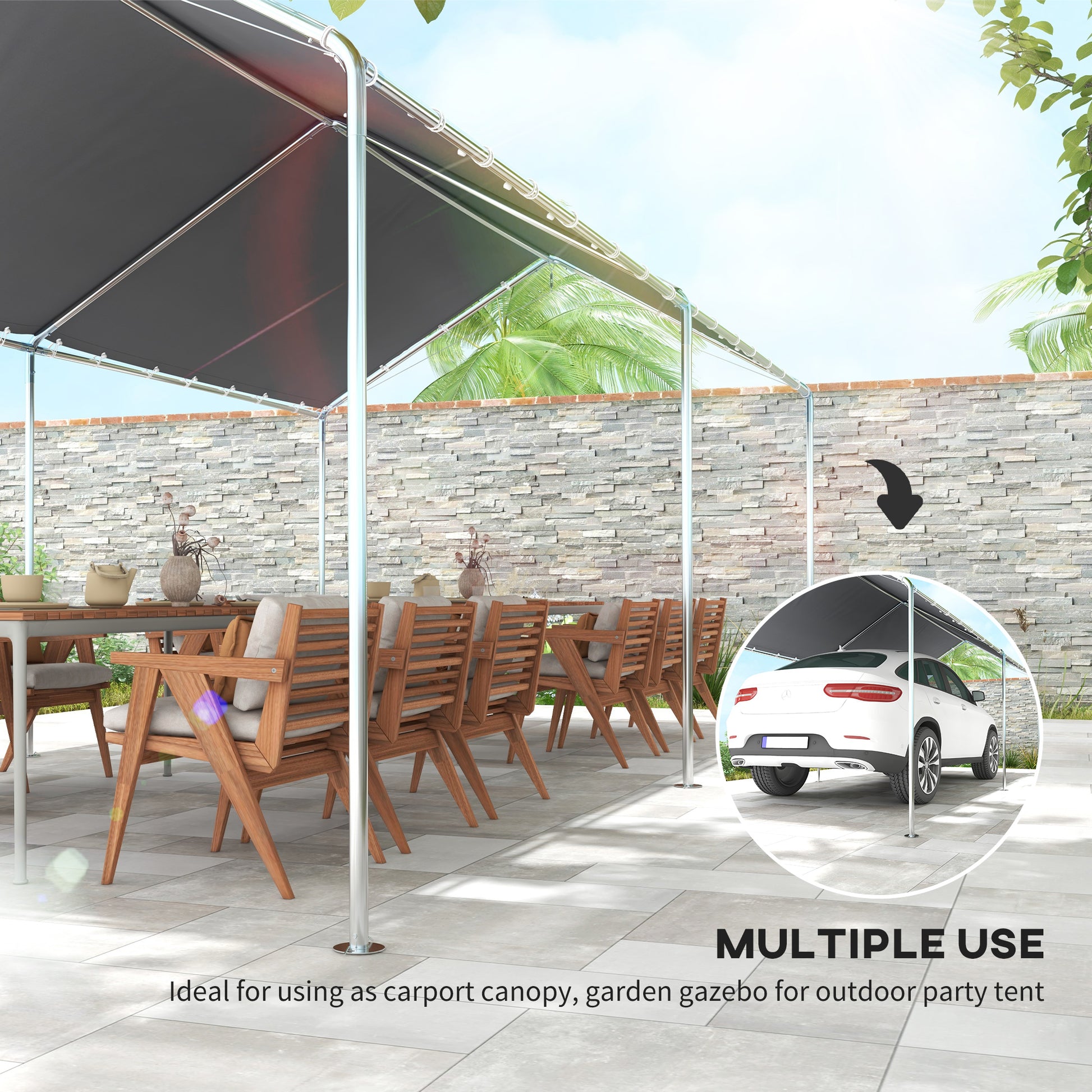 Dark grey canopy tent with wooden patio furniture ideal for outdoor events