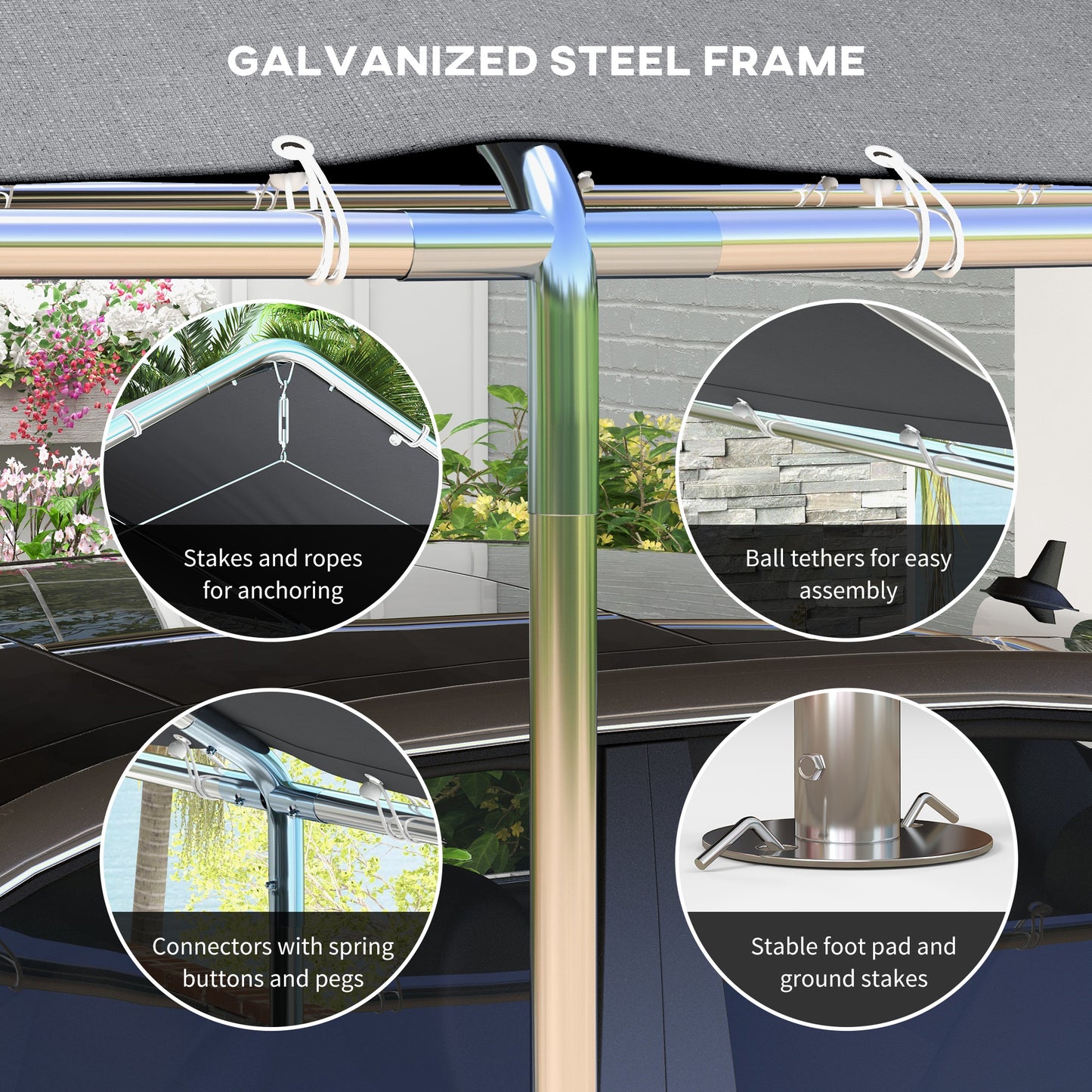 Galvanized steel frame for outdoor canopy structure showing secure anchor points